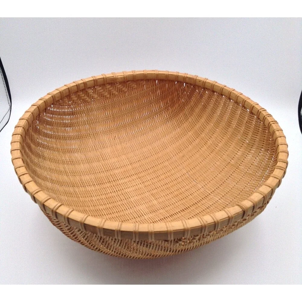 Vtg Bamboo Woven Basket Round Handmade Storage Gathering Bowl Boho Farmhouse 13